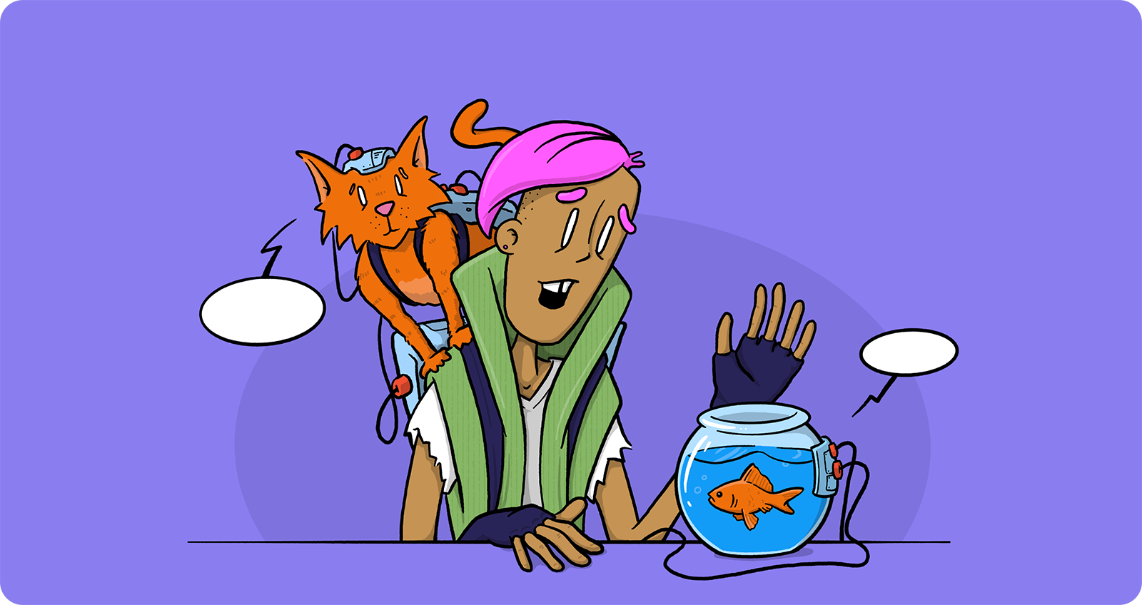 Drawing of a woman and her cat talking to a goldfish in a bowl