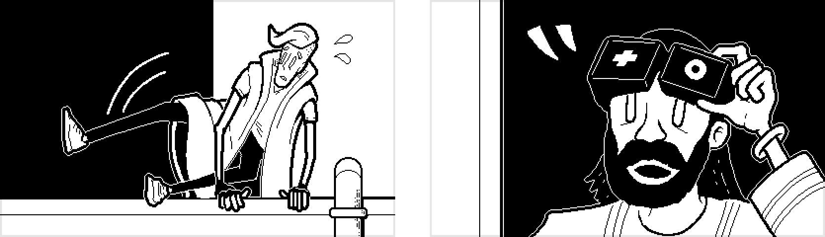 Two individual panels drawn with finished pixel art