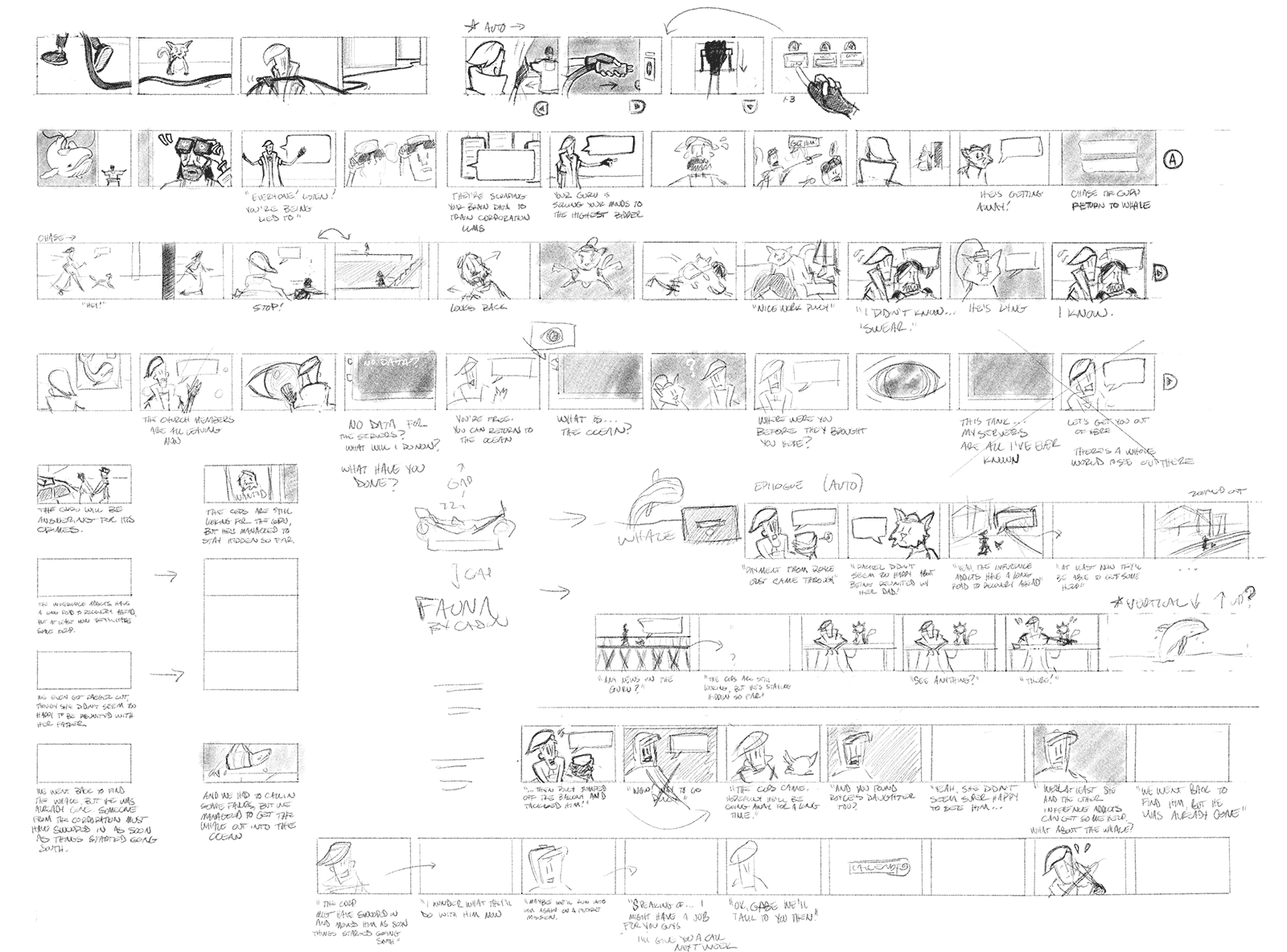 Page of story panels sketched out in Procreate