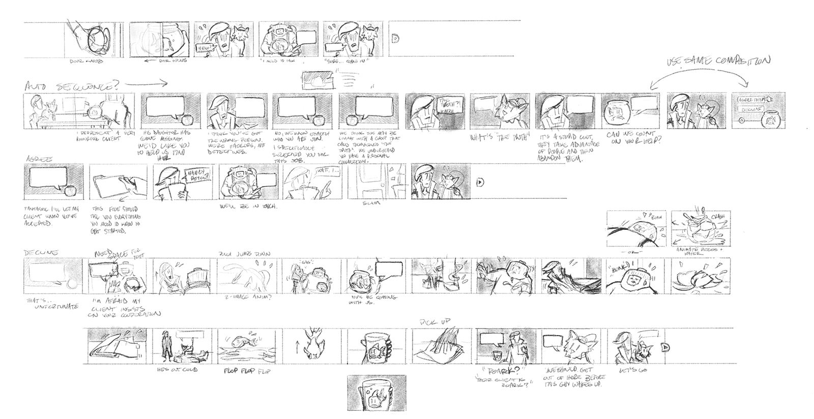 Page of story panels sketched out in Procreate